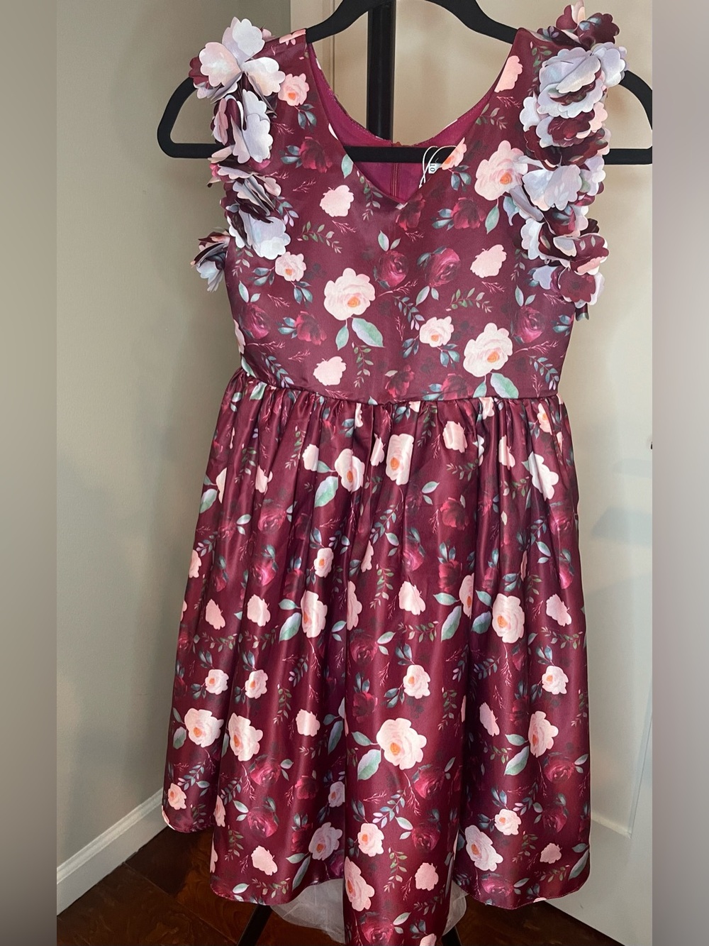 Burgundy Floral Party Dress with 3D Petal Shoulders